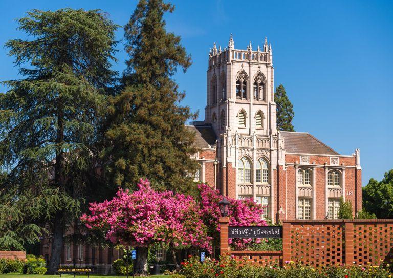 exterior of Faye Spanos Concert Hall in the spring