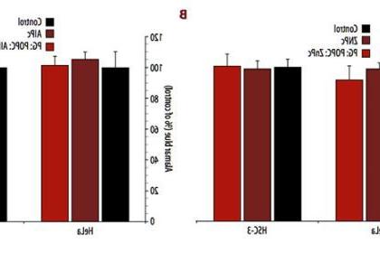 Dark toxicity of 1 µM free and liposomal ZnPc (A) and AlPc (B) on the viability of HeLa and HSC-3 cells. The metabolic activity was measured by the Alamar Blue assay and expressed as a percentage of the control (control cells). Each value is a mean ± standard deviation (SD) of 2 or 3 independent experiments performed in triplicate.